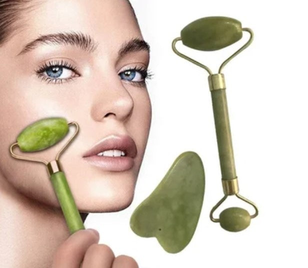 Masajeador Rodillo + Gua Sha En Piedra Jade Natural