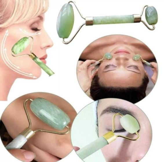 Masajeador Rodillo + Gua Sha En Piedra Jade Natural