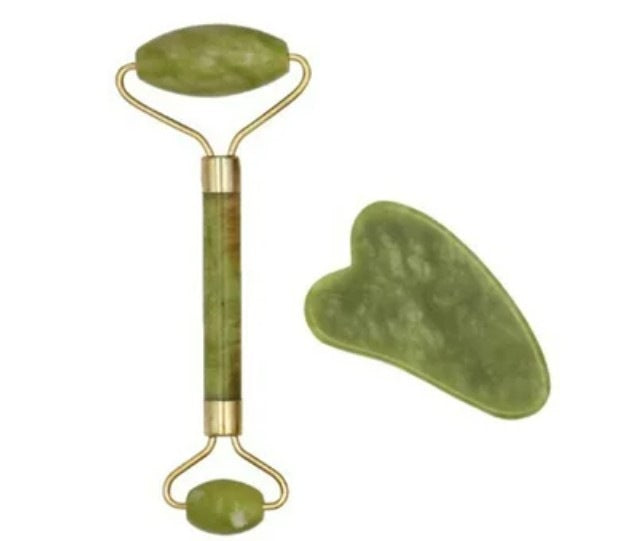Masajeador Rodillo + Gua Sha En Piedra Jade Natural