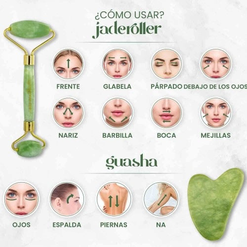Masajeador Rodillo + Gua Sha En Piedra Jade Natural