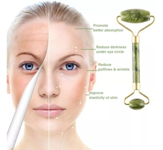 Masajeador Rodillo + Gua Sha En Piedra Jade Natural